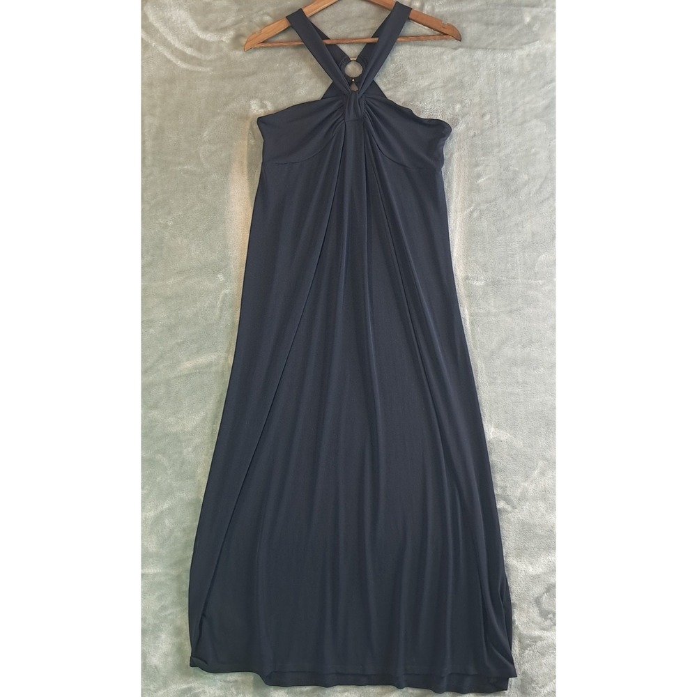 LOFT Ring Halter Maxi Dress Size 8 Matte Jersey Navy Blue Keyhole Gathered